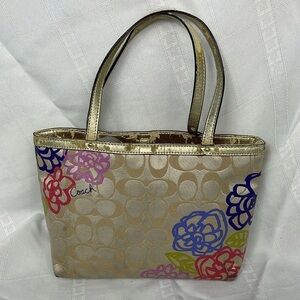 Coach Gold Metallic Signature Small Tote Bag Poppy Floral Art Glam